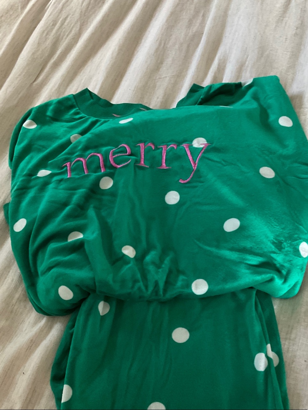 Green Polka Dot Pajama Set with Pink 'merry' Embroidery